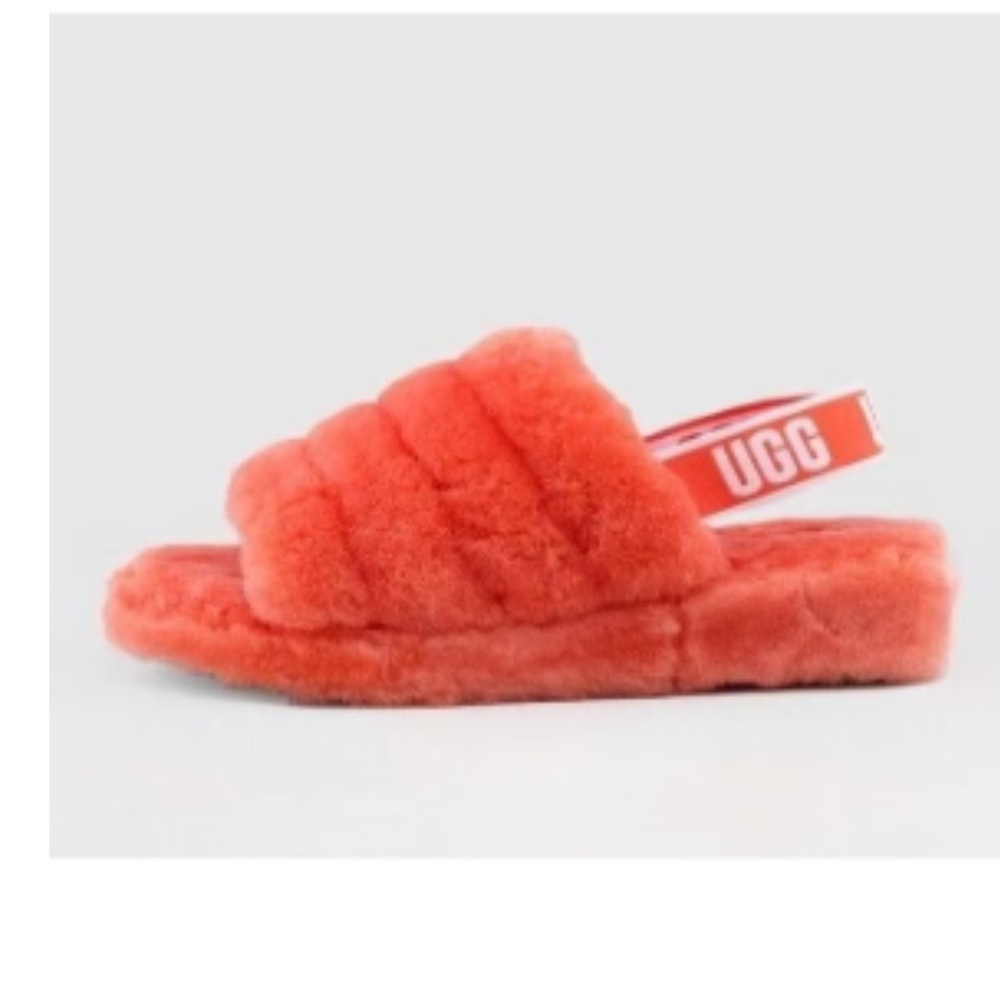 UGG Fluff Yeah Red Orange Slides Sheepskin Wrapped Sandals, size 7